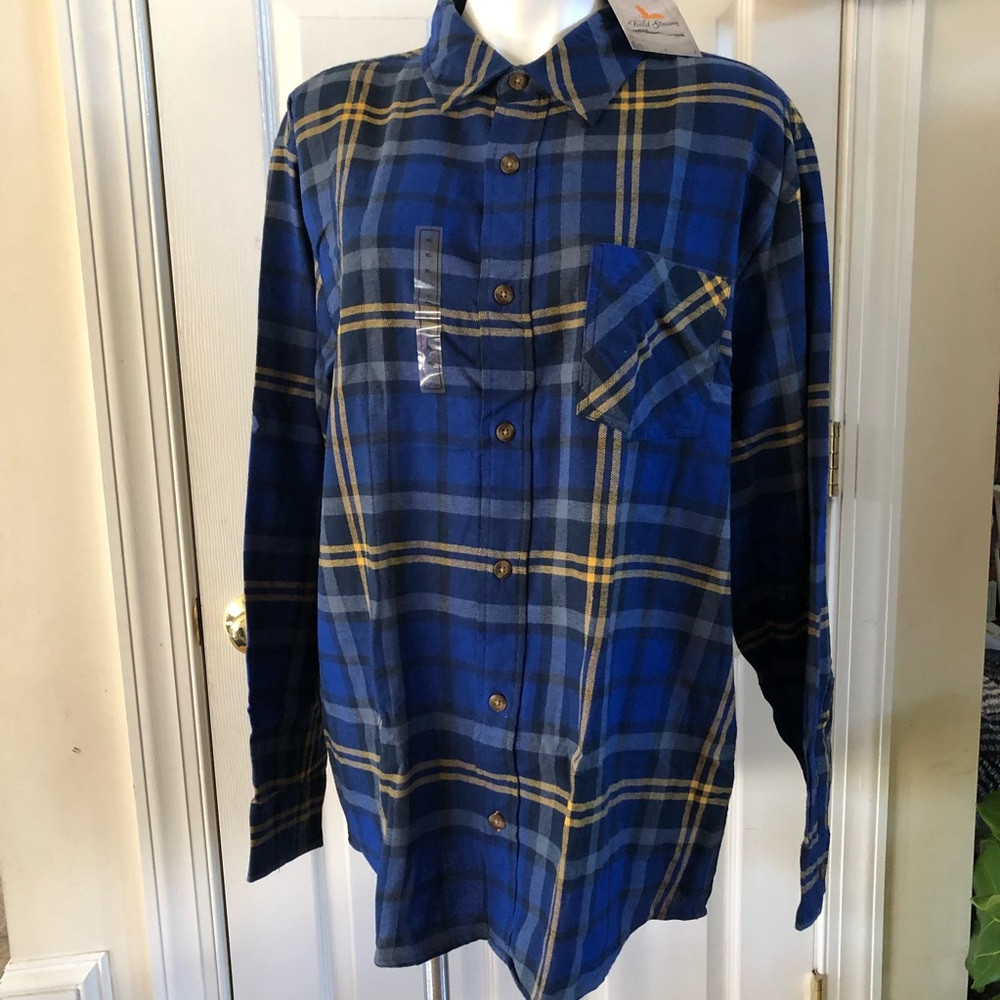 FIELD & STREAM blue flannel w/ yellow plaid Men XL - Picture 2 of 5